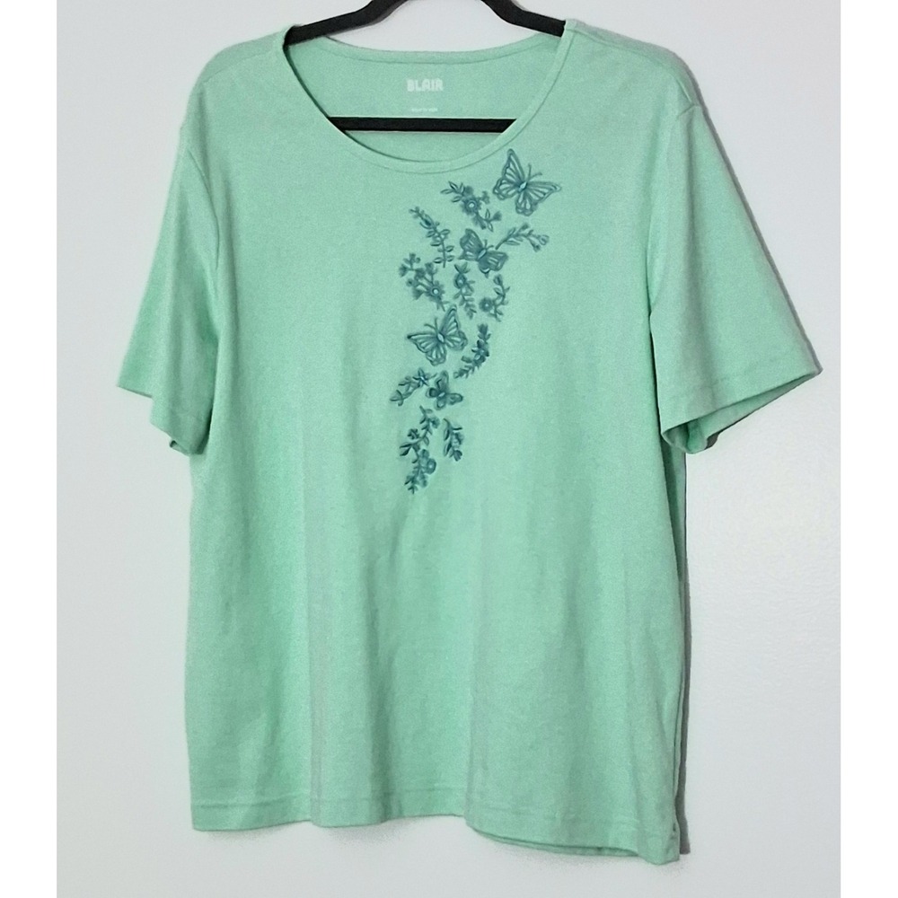 Blair Blouse Size Large Green Short Sleeve Butterfly Floral Embroidered Preowned